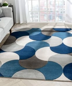 Well Woven Helena Blue Mid-Century Modern Abstract Geometric 3D Textured Rug