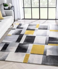 Well Woven Louisa Gold Modern Geometric Boxes 3D Textured Rug