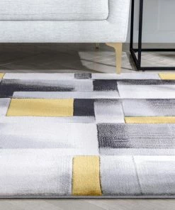 Well Woven Louisa Gold Modern Geometric Boxes 3D Textured Rug