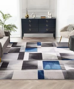 Well Woven Louisa Blue Modern Geometric Boxes 3D Textured Rug