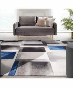 Well Woven Louisa Blue Modern Geometric Boxes 3D Textured Rug