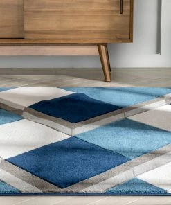 Well Woven Nora Blue Modern Geometric Stripes 3D Textured Rug
