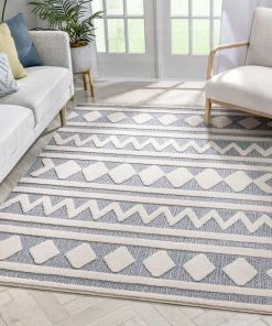 Well Woven Zara Tribal Moroccan Diamond Pattern Light Blue Looped Pile Rug