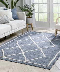 Well Woven Cora Moroccan Lattice Trellis Blue Looped Pile Rug