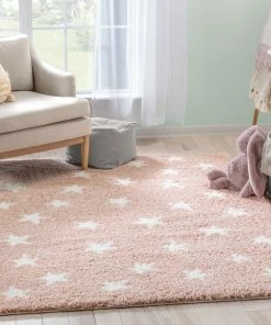 Well Woven Celestial Skies Modern Stars Pattern Pink Thick & Ultra Soft Kids Rug Shag