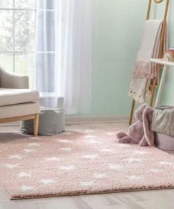 Well Woven Celestial Skies Modern Stars Pattern Pink Thick & Ultra Soft Kids Rug Shag