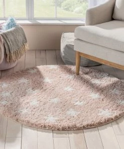 Well Woven Celestial Skies Modern Stars Pattern Pink Thick & Ultra Soft Kids Rug Shag