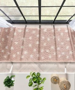 Well Woven Celestial Skies Modern Stars Pattern Pink Thick & Ultra Soft Kids Rug Shag