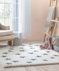 Well Woven Celestial Skies Modern Stars Pattern Ivory Grey Thick & Ultra Soft Kids Rug Shag