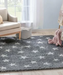 Well Woven Celestial Skies Modern Stars Pattern Grey Thick & Ultra Soft Kids Rug Grey & Silver