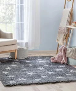 Well Woven Celestial Skies Modern Stars Pattern Grey Thick & Ultra Soft Kids Rug Grey & Silver