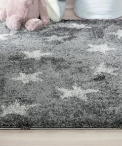 Well Woven Celestial Skies Modern Stars Pattern Grey Thick & Ultra Soft Kids Rug Grey & Silver