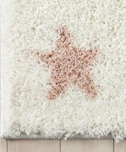 Well Woven Shag Celestial Skies Modern Stars Pattern Ivory Pink Thick & Ultra Soft Kids Rug