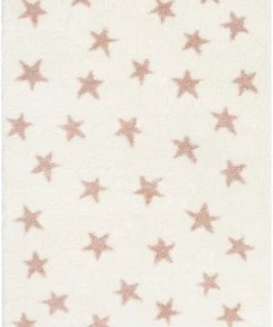 Well Woven Shag Celestial Skies Modern Stars Pattern Ivory Pink Thick & Ultra Soft Kids Rug