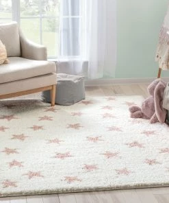 Well Woven Shag Celestial Skies Modern Stars Pattern Ivory Pink Thick & Ultra Soft Kids Rug
