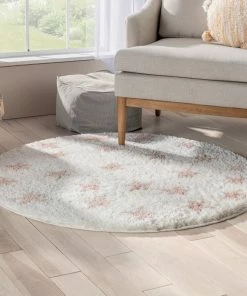 Well Woven Shag Celestial Skies Modern Stars Pattern Ivory Pink Thick & Ultra Soft Kids Rug