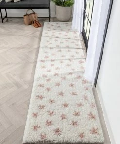 Well Woven Shag Celestial Skies Modern Stars Pattern Ivory Pink Thick & Ultra Soft Kids Rug