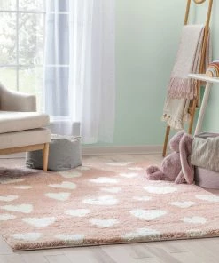 Well Woven Hearts Modern Heart Pattern Pink Thick & Ultra Soft Kids Rug Shag