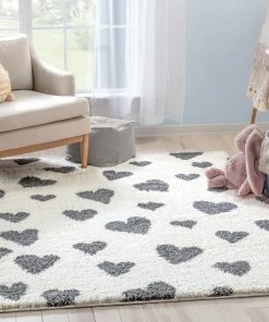 Well Woven Hearts Modern Heart Pattern Grey Thick & Ultra Soft Kids Rug Shag