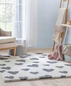 Well Woven Hearts Modern Heart Pattern Grey Thick & Ultra Soft Kids Rug Shag