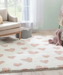 Well Woven Hearts Modern Heart Pattern Ivory Pink Thick & Ultra Soft Kids Rug