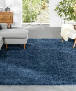 Well Woven Halden Solid Pattern Dark Blue Thick Nordic Shag Rug