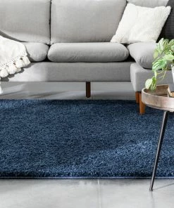 Well Woven Halden Solid Pattern Dark Blue Thick Nordic Shag Rug
