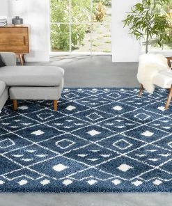 Well Woven Kari Scandinavian Moroccan Lattice Blue Thick Nordic Shag Rug