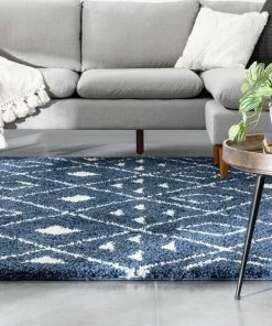 Well Woven Kari Scandinavian Moroccan Lattice Blue Thick Nordic Shag Rug