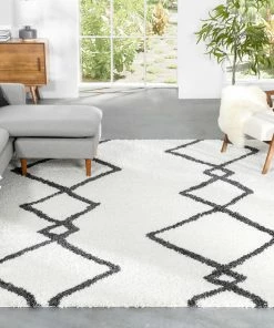 Well Woven Lina Scandinavian Moroccan Lattice Ivory Thick Nordic Shag Rug