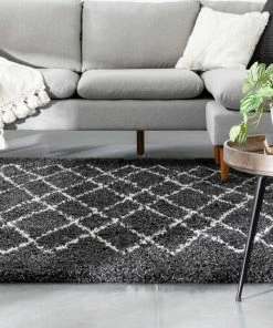 Well Woven Soren Scandinavian Moroccan Lattice Dark Grey Thick Nordic Shag Rug