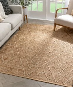 Well Woven Diamond Moroccan Jute Rug Hand-Braided Basket Weave Jute Rug Lattice Pattern Natural Color Global