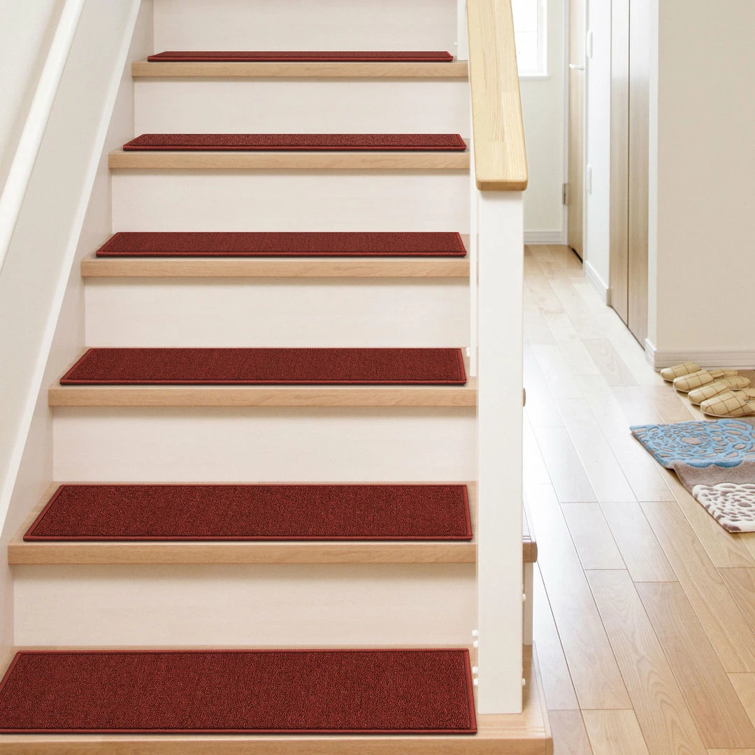 Well Woven Red Warby Modern Burgundy Non Slip 9" X 31" Stair Tread (Set Of 7) 2 Well Woven Red Warby Modern Burgundy Non Slip 9" X 31" Stair Tread (Set Of 7)