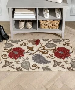 Well Woven Lucy Transitional Botanical Floral Ivory Red Non-Slip Machine Washable Low Pile Indoor/Outdoor Rug