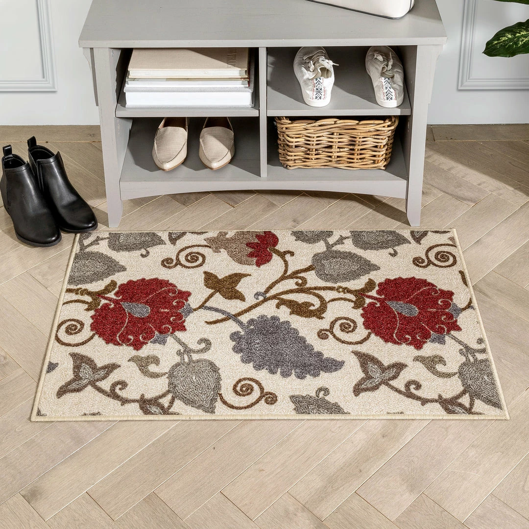 Well Woven Lucy Transitional Botanical Floral Ivory Red Non-Slip Machine Washable Low Pile Indoor/Outdoor Rug 2 Well Woven Lucy Transitional Botanical Floral Ivory Red Non-Slip Machine Washable Low Pile Indoor/Outdoor Rug