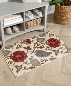 Well Woven Lucy Transitional Botanical Floral Ivory Red Non-Slip Machine Washable Low Pile Indoor/Outdoor Rug 8 Well Woven Lucy Transitional Botanical Floral Ivory Red Non-Slip Machine Washable Low Pile Indoor/Outdoor Rug