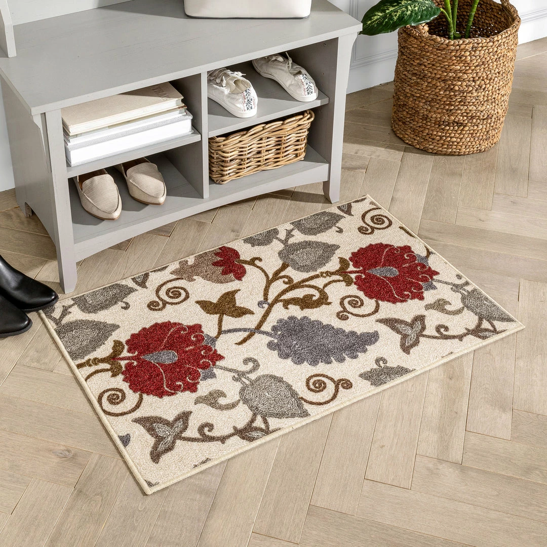 Well Woven Lucy Transitional Botanical Floral Ivory Red Non-Slip Machine Washable Low Pile Indoor/Outdoor Rug 3 Well Woven Lucy Transitional Botanical Floral Ivory Red Non-Slip Machine Washable Low Pile Indoor/Outdoor Rug