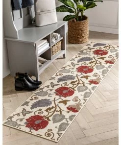 Well Woven Lucy Transitional Botanical Floral Ivory Red Non-Slip Machine Washable Low Pile Indoor/Outdoor Rug 11 Well Woven Lucy Transitional Botanical Floral Ivory Red Non-Slip Machine Washable Low Pile Indoor/Outdoor Rug