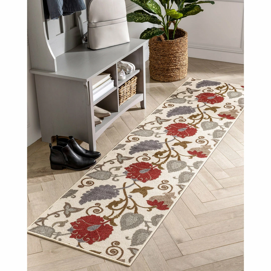 Well Woven Lucy Transitional Botanical Floral Ivory Red Non-Slip Machine Washable Low Pile Indoor/Outdoor Rug 6 Well Woven Lucy Transitional Botanical Floral Ivory Red Non-Slip Machine Washable Low Pile Indoor/Outdoor Rug