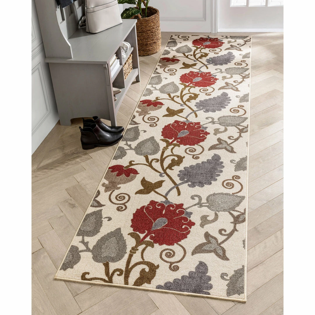 Well Woven Lucy Transitional Botanical Floral Ivory Red Non-Slip Machine Washable Low Pile Indoor/Outdoor Rug 5 Well Woven Lucy Transitional Botanical Floral Ivory Red Non-Slip Machine Washable Low Pile Indoor/Outdoor Rug