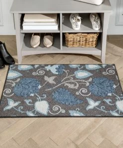 Well Woven Lucy Transitional Botanical Floral Grey Blue Non-Slip Machine Washable Low Pile Indoor/Outdoor Rug