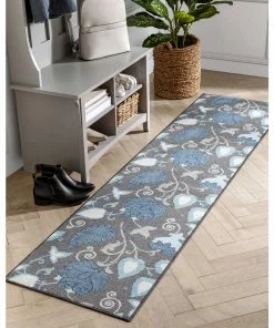 Well Woven Lucy Transitional Botanical Floral Grey Blue Non-Slip Machine Washable Low Pile Indoor/Outdoor Rug