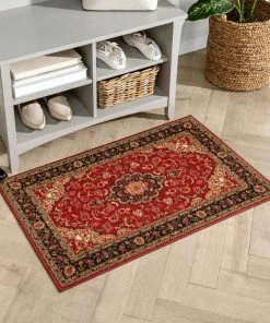 Well Woven Gene Traditional Medallion Persian Red Non-Slip Machine Washable Low Pile Indoor/Outdoor Rug