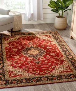 Well Woven Gene Traditional Medallion Persian Red Non-Slip Machine Washable Low Pile Indoor/Outdoor Rug