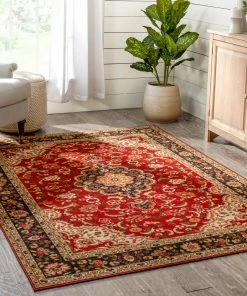 Well Woven Gene Traditional Medallion Persian Red Non-Slip Machine Washable Low Pile Indoor/Outdoor Rug