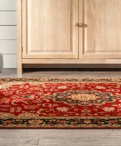 Well Woven Gene Traditional Medallion Persian Red Non-Slip Machine Washable Low Pile Indoor/Outdoor Rug