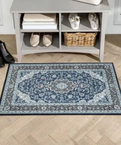 Well Woven Gene Traditional Medallion Persian Blue Non-Slip Machine Washable Low Pile Indoor/Outdoor Rug