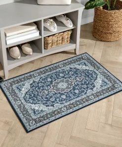 Well Woven Gene Traditional Medallion Persian Blue Non-Slip Machine Washable Low Pile Indoor/Outdoor Rug