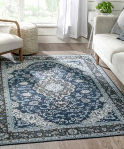 Well Woven Gene Traditional Medallion Persian Blue Non-Slip Machine Washable Low Pile Indoor/Outdoor Rug