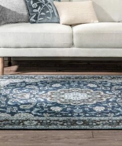 Well Woven Gene Traditional Medallion Persian Blue Non-Slip Machine Washable Low Pile Indoor/Outdoor Rug